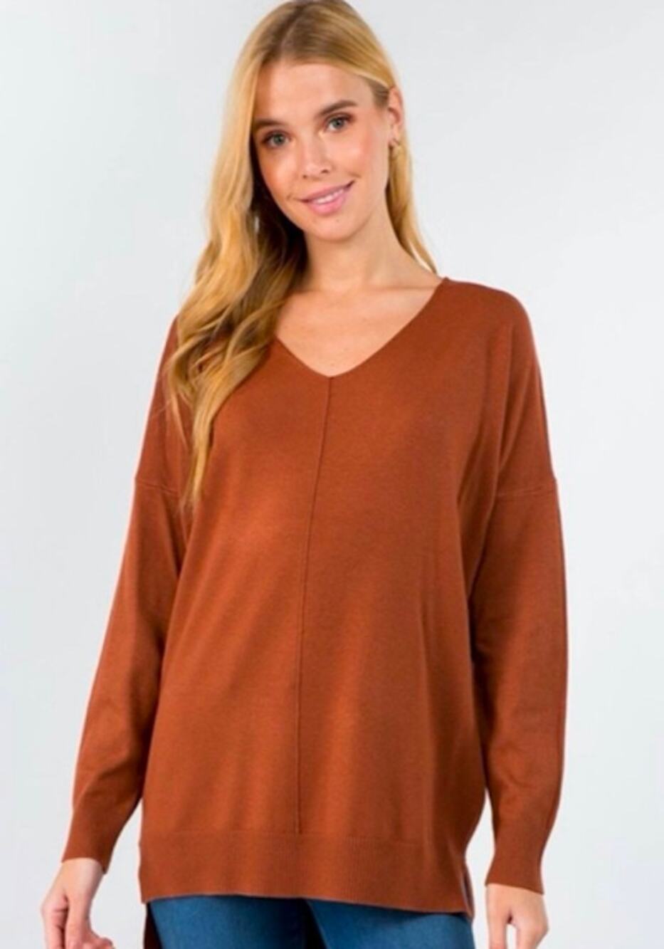 DREAMER BY DEBUT Soft Coffee Brown V Neck Sweater front Seam size S/M